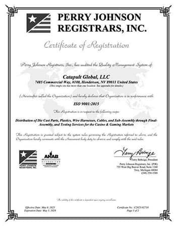 ISO 9001:2015 certificate issued by Perry Johnson Registrars for Catapult Global, LLC